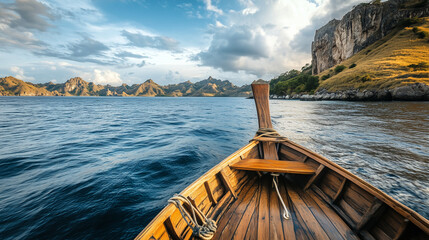 Traditional wooden boat gracefully approaches Komodo Island, blending timeless maritime charm with adventurous tropical allure