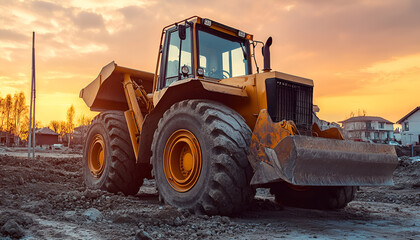 Fototapeta premium Bulldozer clearing dirt on a construction site in an urban environment. Concept of heavy machinery, land development, industrial equipment, urban