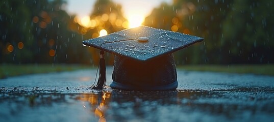 Clean silhouette of a graduation cap in bold monochrome lines conveys timeless success with open areas for adaptable themes