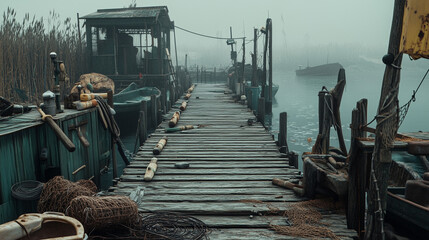 Rustic dock and weathered jetty adorned with scattered fishing gear evoke timeless nostalgic seaside charm