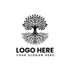 Monochrome tree with circular roots and branches. Spiritual nature art