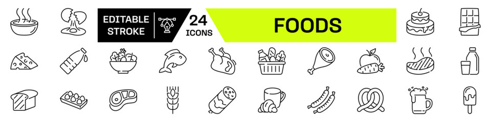 Foods icon set. Linear style. Editable stroke.