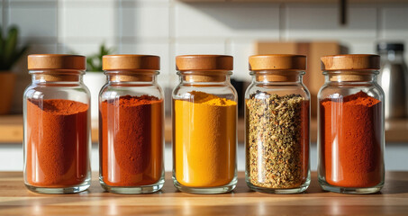 Mexico Authentic Spices &ndash; Colorful Chili, Turmeric, and Herb Blends in Glass Jars with Wooden Lids for Traditional Mexican Cuisine and Gourmet Seasoning