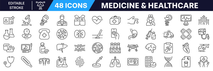 Medicine icon set. Healthcare symbol. Linear icon with editable stroke.