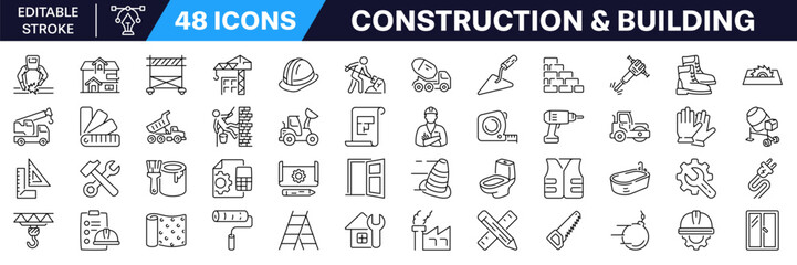 Construction icon set. Building symbol. Linear icon with editable stroke.
