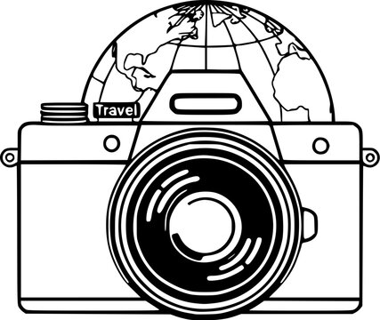 black and white camera with globe travel clip art preview