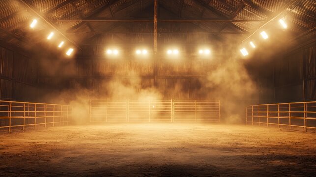 Desolate rodeo arena illuminated by bright lights and lingering smoke. Concept Rodeo Arena, Bright Lights, Smoke, Desolate Setting