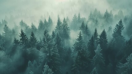 Fototapeta premium Serene forest panorama with morning mist and sunlight streaming through lush greenery