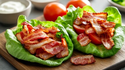 Crispy bacon lettuce wraps with fresh tomato and creamy sauce for a low-carb meal option
