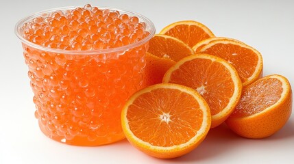 Orange-flavored jelly balls in a plastic cup with orange slices