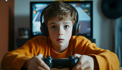 Teenage boy wearing big headphones playing a racing game at home. Young teen kid playing a video game on his desktop computer. Computer games addiction in children