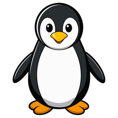 Obraz premium a cute cartoon penguin with a black and white body, yellow beak and orange feet. The penguin stands upright, with its wings slightly outstretched 