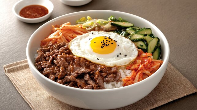 Bowl of Korean bibimbap with beef, vegetables, fried egg, and gochujang served on a minimalistic table setting
