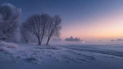Serene frozen landscape bathed in soft glow, capturing tranquil winter magic and ethereal natural beauty