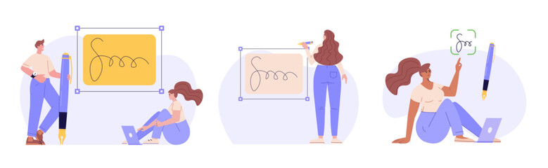 Businessman signing contract with digital pen on phone. Digital signature, business contract, electronic contract, e-signature concept. Vector illustration in flat design for web banner, mobile app