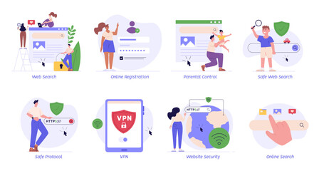 Fototapeta premium People searching information in internet vector set. Collection of concepts using browser with https protocol illustration. People search website address. Parental control, digital limit for children