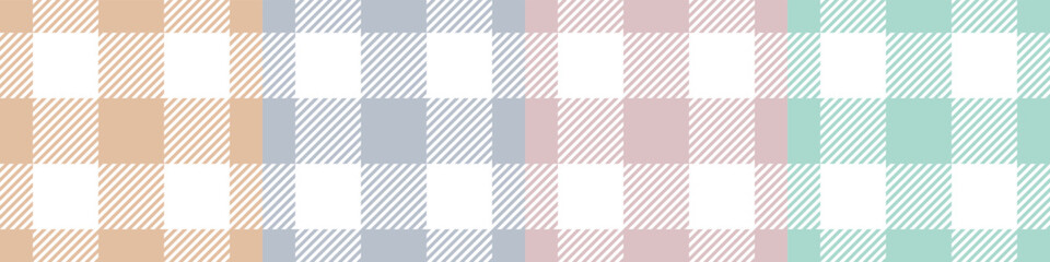 Seamless buffalo check plaid pattern in pastel colors featuring orange, lavender, pink, and mint green