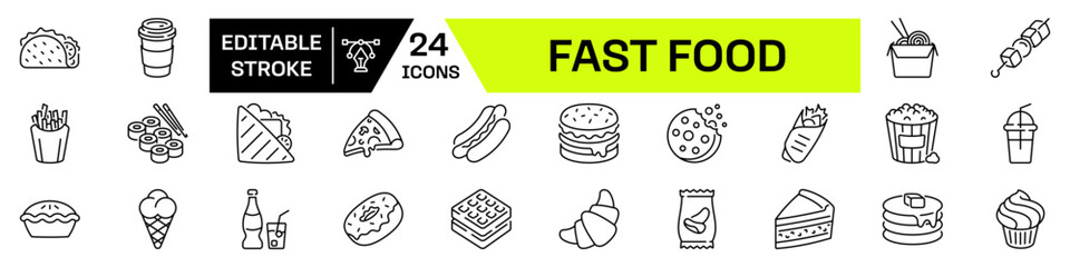 Foods icon set. Linear style. Editable stroke.