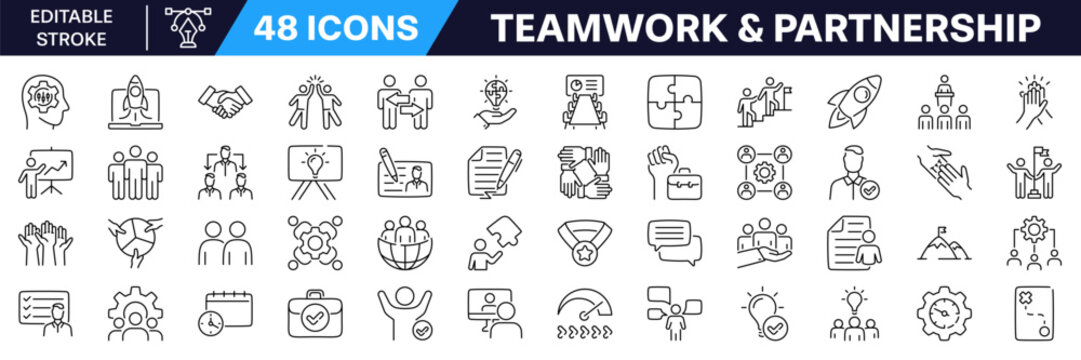 Teamwork icon set. Management symbol. Linear icon with editable stroke.