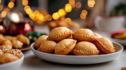 festive indian kitchen, a joyful kitchen with fried gujiyas, vibrant holi decor, and an array of traditional sweets and snacks, creating a festive atmosphere