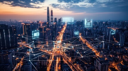 Fototapeta premium Cityscape at Night with Network Connections. Possible use Stock photo for technology, connectivity, urban development