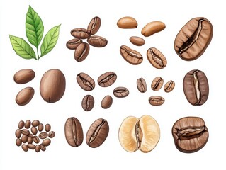 Various Coffee Beans and Leaves Illustrating Different Types and Textures