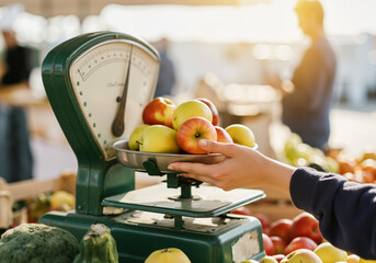 Customer weighing fresh apples on vintage scale at farmers market, buying local produce