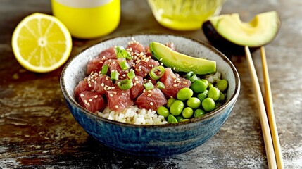 Colorful Hawaiian poke bowl with fresh ahi tuna, avocado, and edamame garnished with sesame seeds and green onions in bright tropical setting