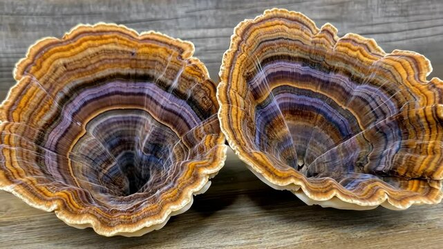 Unique natural shells with intricate patterns in brown and purple shades displayed on a wooden surface
