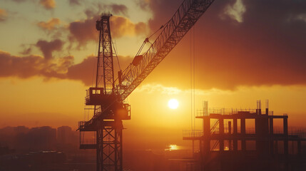 Obraz premium Wide-angle shot of a towering crane at sunset, silhouetted against a fiery, dramatic sky vividly