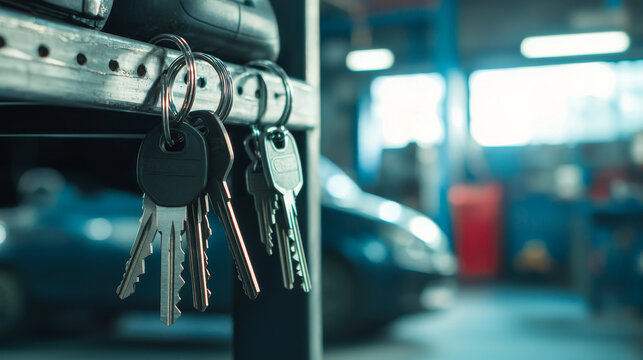 Car keys hanging on metal rack in automotive repair shop with blurred vehicle in background. Concept of car service, auto repair, key storage, vehicle maintenance. Copy space