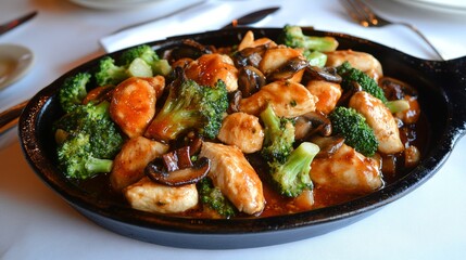 Fototapeta premium Delicious skillet dish featuring chicken, broccoli, and mushrooms in savory sauce ready to be enjoyed