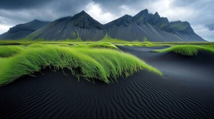 A stunning, moody landscape featuring green grass swaying over black sand dunes, set against dramatic mountains under a cloudy sky, Ideal for travel, nature blogs, or environmental themes,