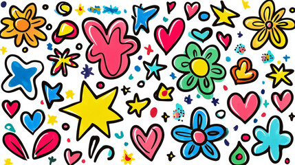 Colorful abstract background in playful children's drawing style with hearts, stars, and flowers. concept of imagination, creativity, whimsy, childhood