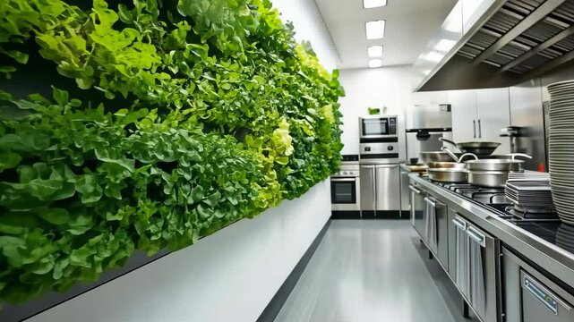 Modern Kitchen with Vertical Garden and Stainless Steel Appliances for Vibrant Atmosphere