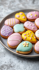 Fototapeta premium Close-up of colorful iced easter cookies on plate. concept of festive baking, holiday celebration, easter traditions, sweet treats. Vertical