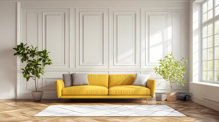 Contemporary elegant living room, yellow sofa, wood floor. Living Carpet. Illustration