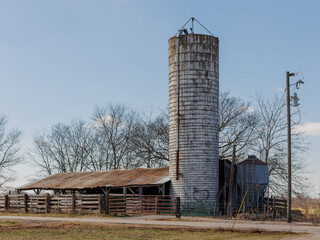 A tall, weathered concrete silo stands against a clear blue sky, accompanied by an aged barn and a wooden fence. A hint of green grass peeks through in early spring. © Jennifer Miller