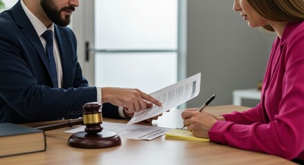 Lawyer discussing legal documents with a client at a desk, emphasizing important points, professional consultation in a modern office setting.