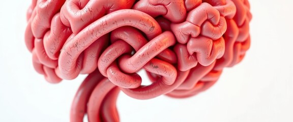 Intricate knot connecting anatomical heart and brain on pure white background, intricate, medical illustration