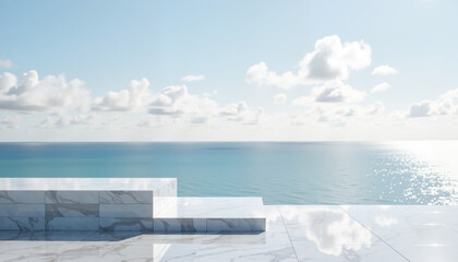 Fototapeta premium Serene ocean view with soft clouds reflecting on glossy marble terrace under bright blue sky showcasing tranquility and modern elegance