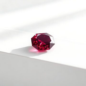  A luxurious ruby gemstone placed elegantly on a minimalistic white surface, highlighting its rich color and sharp edges