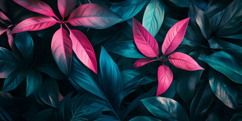 Creative fluorescent color layout made of tropical leaves. Flat lay neon colors. Nature concept.