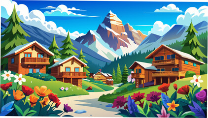 Fototapeta premium A charming view of Courmayeur village with wooden chalets, colorful flowers, and majestic mountains in Valle d'Aosta's clear sky