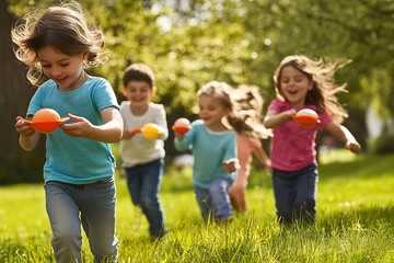 Fototapeta premium A group of enthusiastic children enjoy a sunny day in a park, laughing and running while participating in a fun spoon race. Their joyful expressions and playful energy create a lively atmosphere