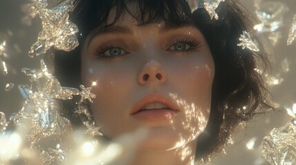 Dreamy Portrait of a Woman Surrounded by Ethereal Light and Crystal Petals