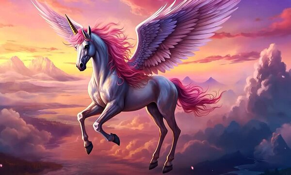 A majestic winged unicorn gallops through the sky at sunset, evoking a sense of fantasy and magic