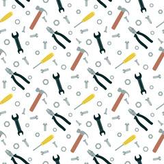Obraz premium Locksmith tool seamless pattern. Hammer, pliers, screwdriver, wrench, nuts, screws. Cartoon background or textura for printing on fabric and paper. Vector design for textile,wallpaper,cover.