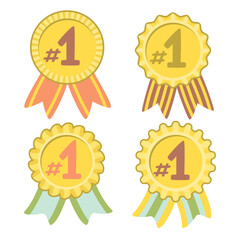 Cartoon Medal Set Number One. Round awards with striped ribbons isolated on white background. Yellow, brown, green colors. Vector designs of various shapes for use in cards, banner, poster, stickers.