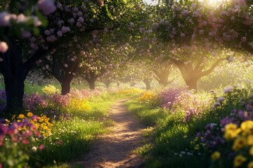Fototapeta premium Path winding through a blooming orchard